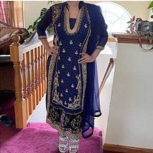 3 piece suit saree navy blue and purple